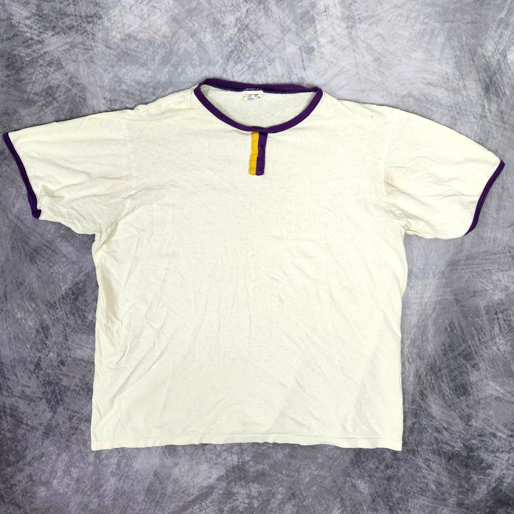 Vtg 80s Champion Paper Thin Ringer T Shirt Lakers Vikings Collar Large